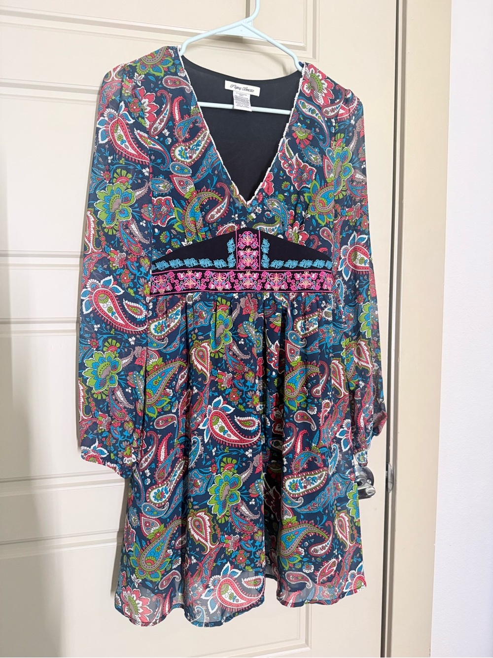 Flying Tomato Teal Paisley Mini Dress with Pink Embroidered Waist